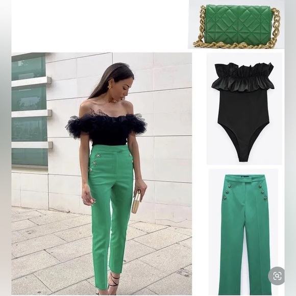 ZARA New Woman Bottle Green Buttoned Straight Leg Pants - Picture 3 of 7